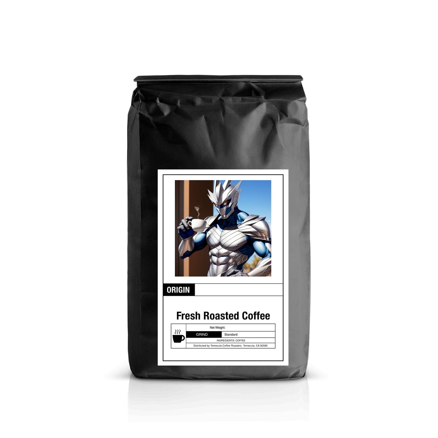 A black bag of fresh roasted coffee boasting a label that features the name "Mexico K cups," an image of a silver-armored anime character, and details such as grind level and roast date. The label also prominently displays "Fresh Roasted Single Origin Coffee" from Silverhawk Coffee.